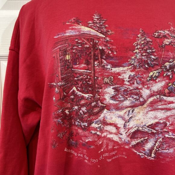 Vintage Northern Reflections Winter Cabin Graphic Sweatshirt Red Cottage Core XL - Picture 3 of 13